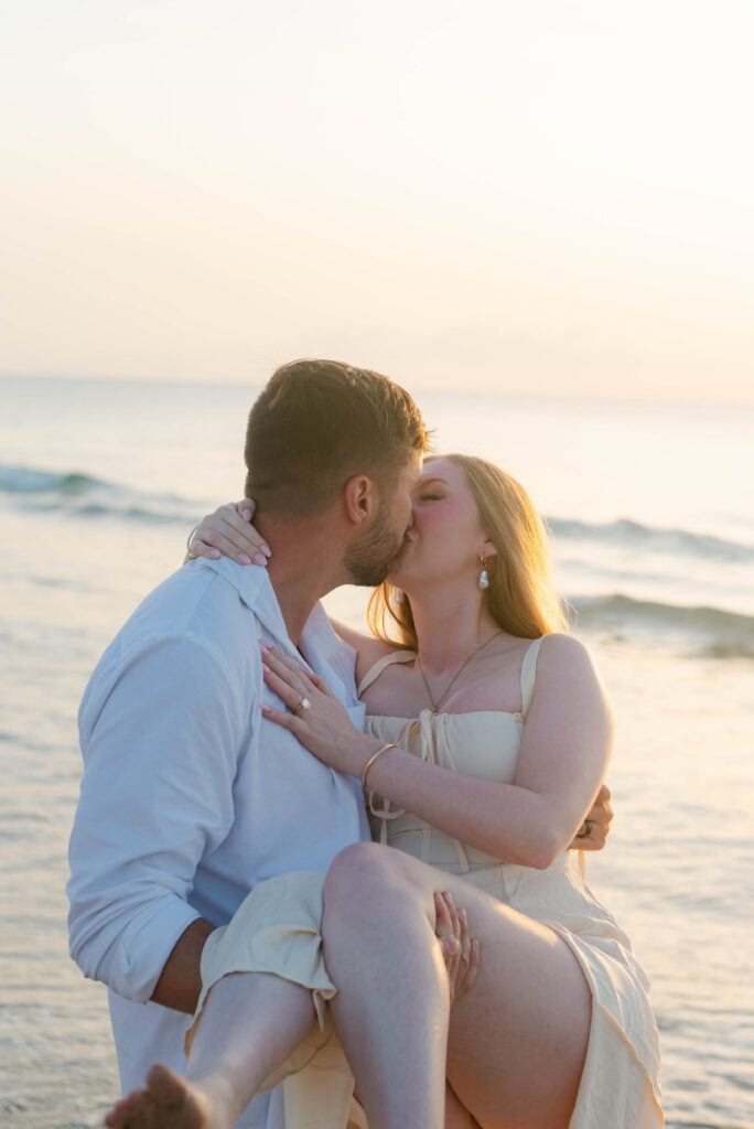 Palm Beach Island engagement photos with tropical floral background