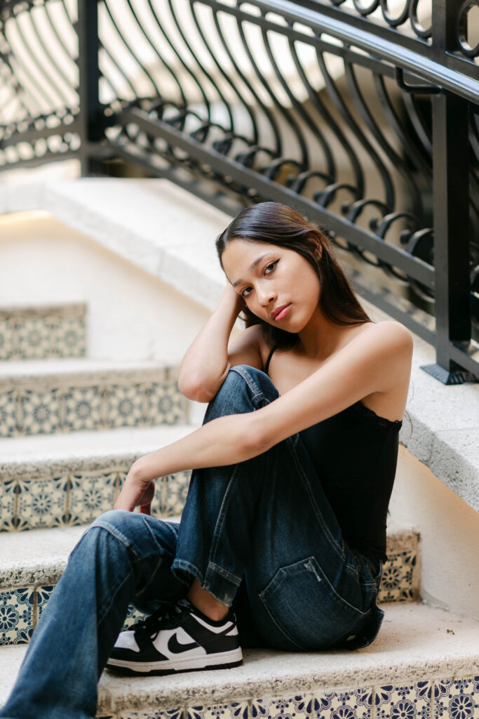 Relaxed personal branding photo in Palm Beach staircase