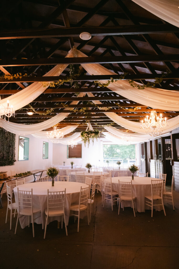 Wedding reception setup at Eterna Estate in Bushnell Florida with elegant table decor and florals